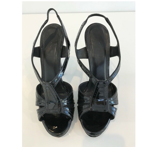 YVES SAINT LAURENT BLACK PATENT TRIBUTE PLATFORM SANDALS SIZE IT 37.5 / US 7.5 - Picture 7 of 13